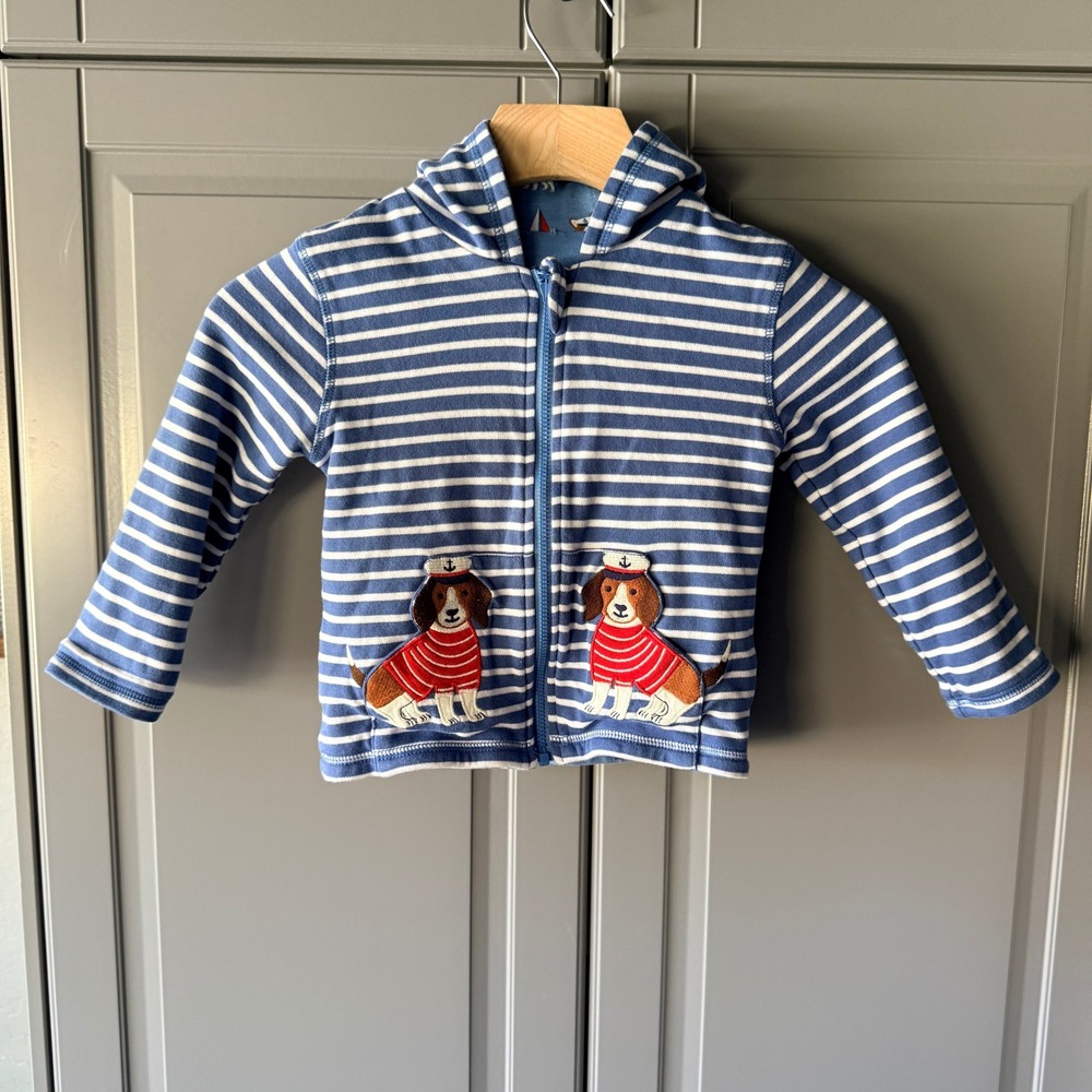 JoJo Maman Bebe Kids Nautical Dog Striped Reversible Zip Hoodie Jacket,Blue,18mo